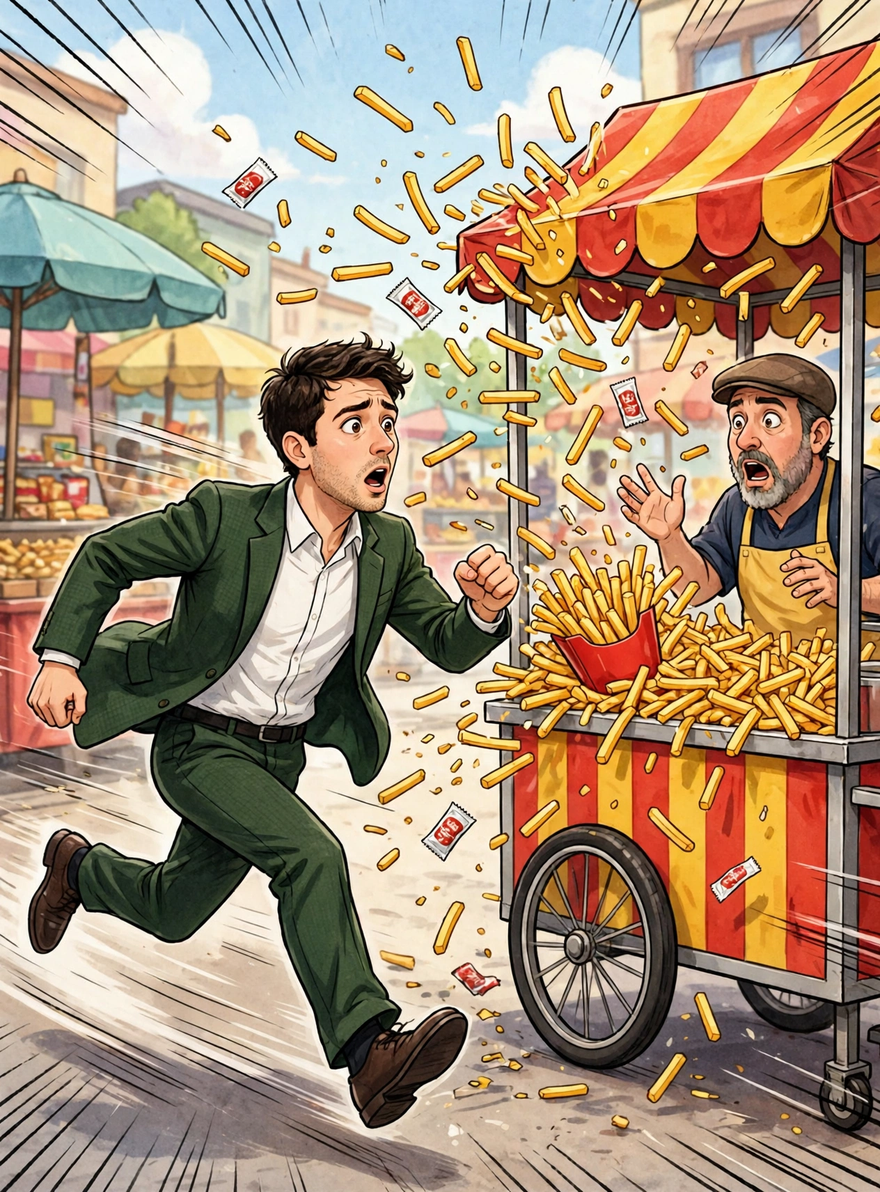 Tibo runs past the fries stand