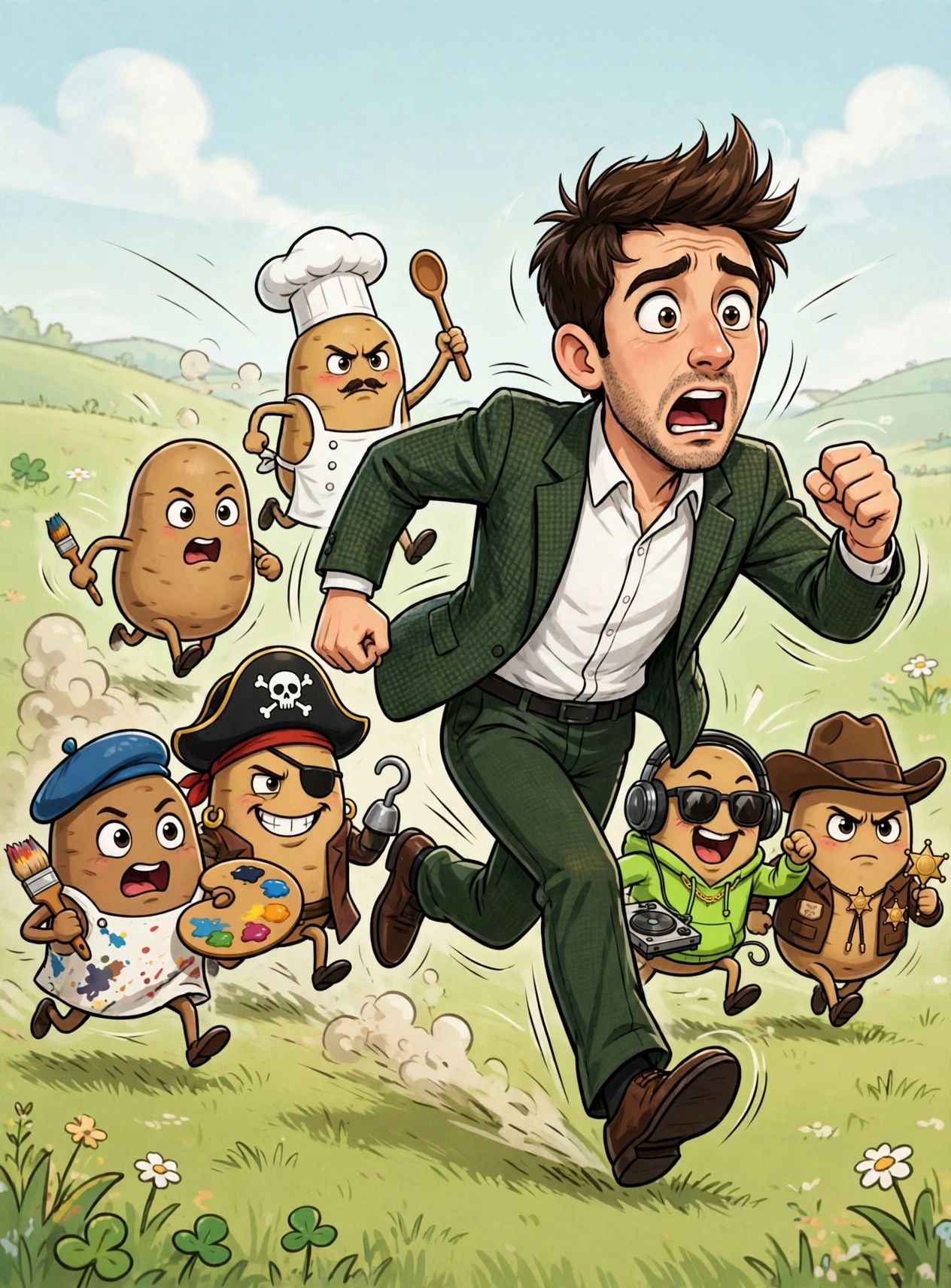 Potato characters chase Tibo